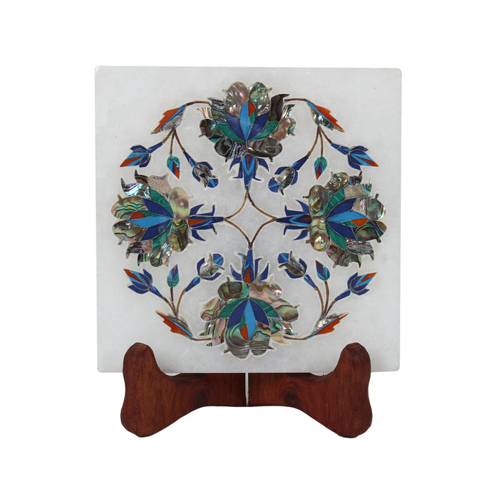Aiza, White Marble Plate Inlaid with Gemstones