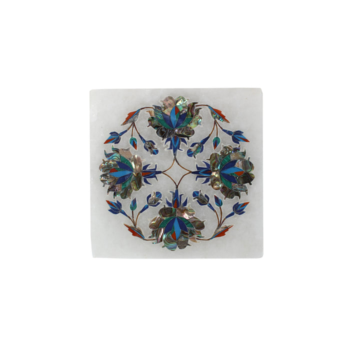 Aiza, White Marble Plate Inlaid with Gemstones