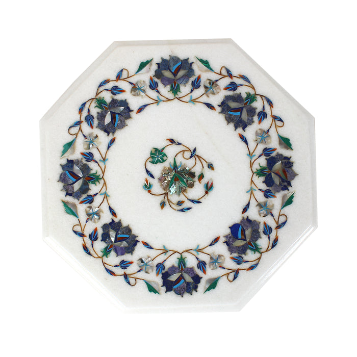 Siddra, White Marble Table Top Inlaid with Gemstones