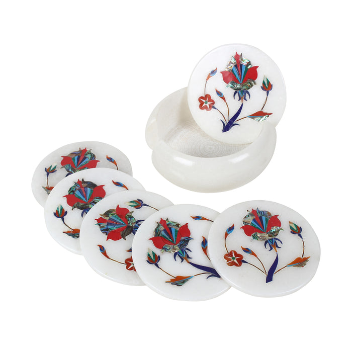 Jameel, White Marble Coasters Inlaid with Gemstones