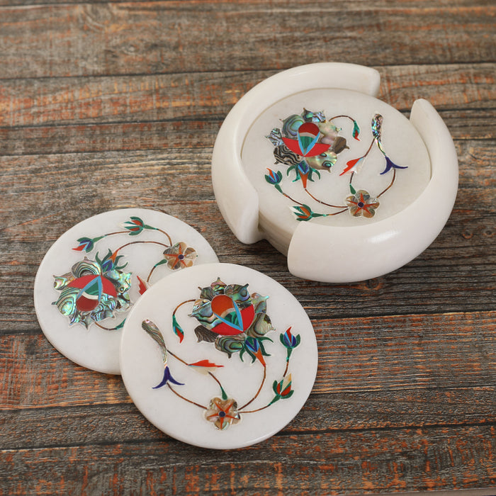 Saroop, White Marble Coasters Inlaid with Gemstones