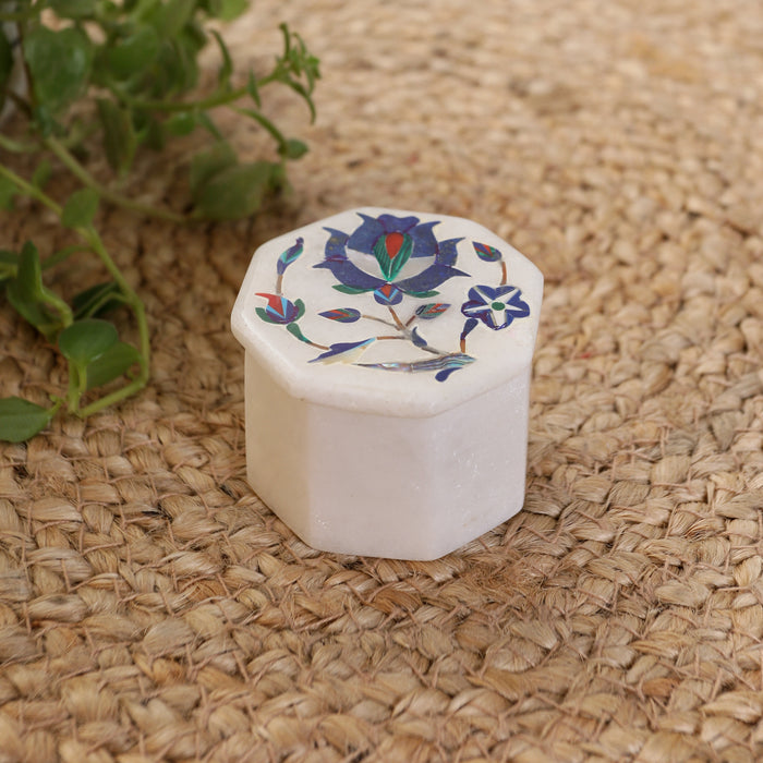 Aafza, White Marble Trinket Box Inlaid with Gemstones