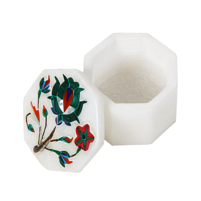 Shiza, White Marble Trinket Box Inlaid with Gemstones