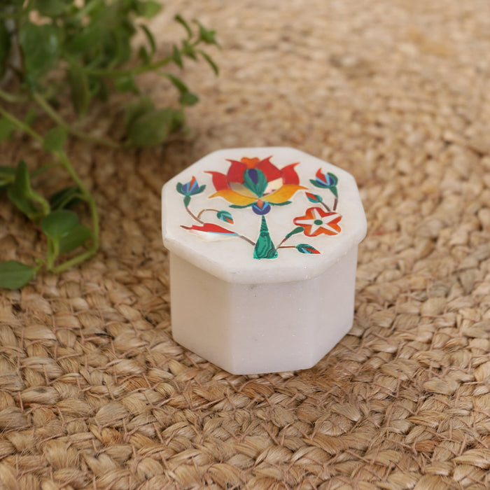 Shezan, White Marble Trinket Box Inlaid with Gemstones