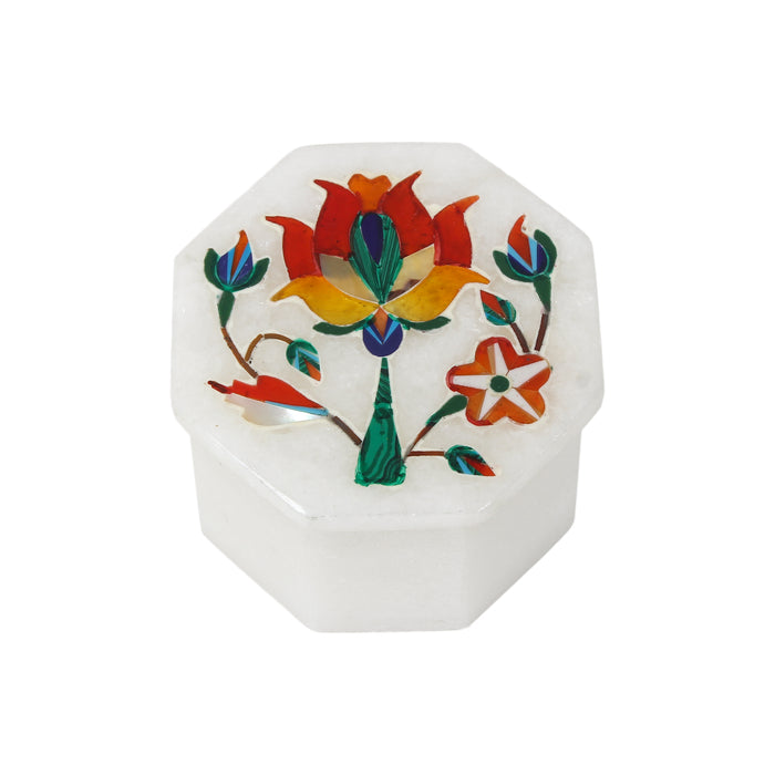 Shezan, White Marble Trinket Box Inlaid with Gemstones