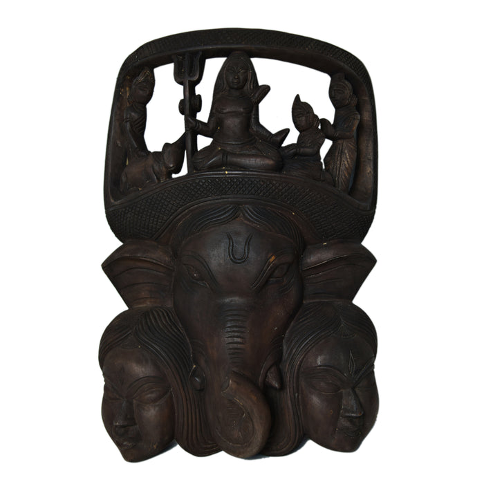 Ganesha with Mahadeva Crown Wooden Gambhira Wall Hanging