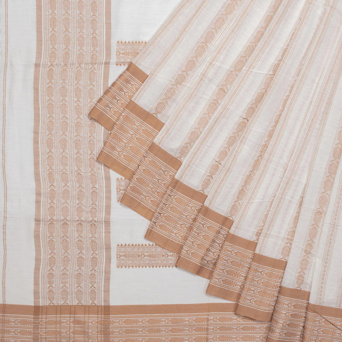Earthen Rejuvenation, Pure Cotton ‘Phulia Saree’ in Off-White and Light Brown