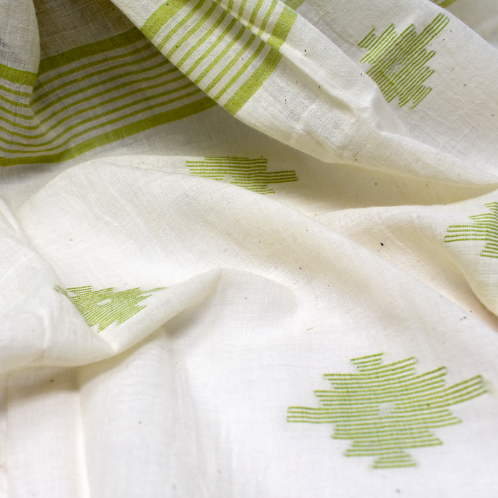 White Jamdani Cotton Stole with Green Motifs