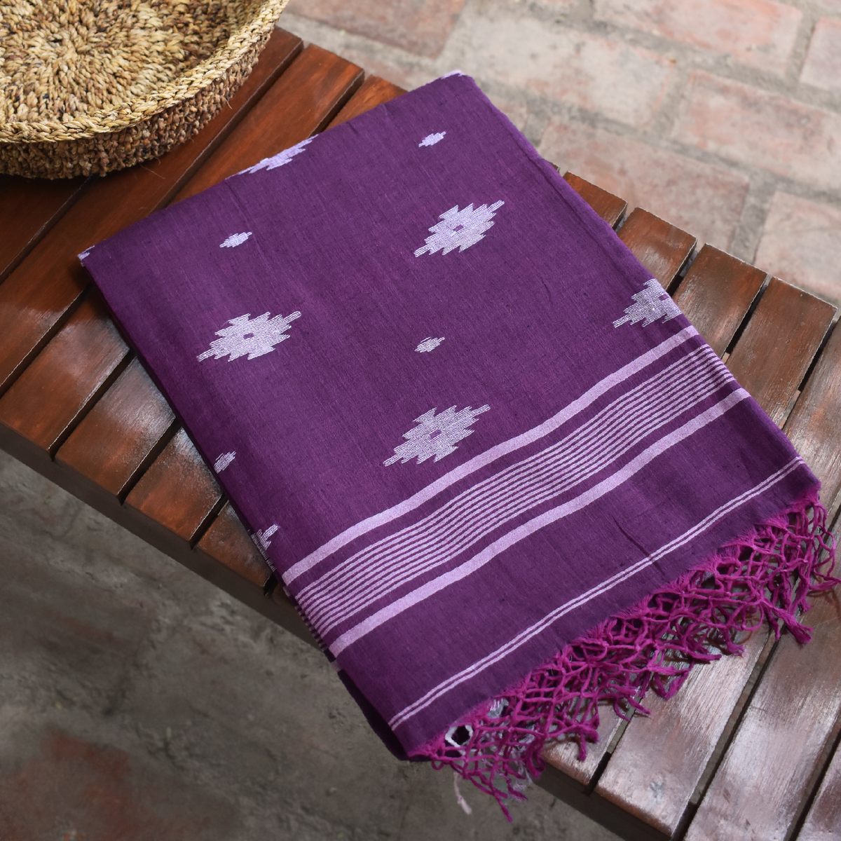 Purple Jamdani Cotton Saree with White Motifs — TVAMI