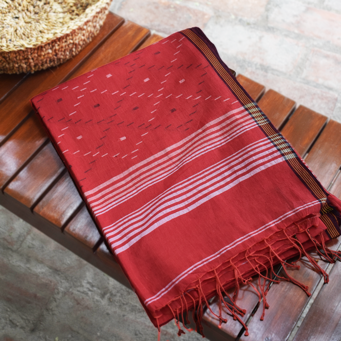 Red Jamdani Cotton Saree with White and Black Motifs