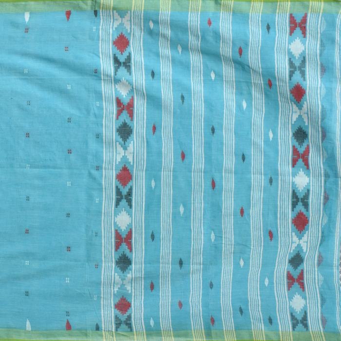 Sky Blue Jamdani Cotton Saree with Red and White Motifs