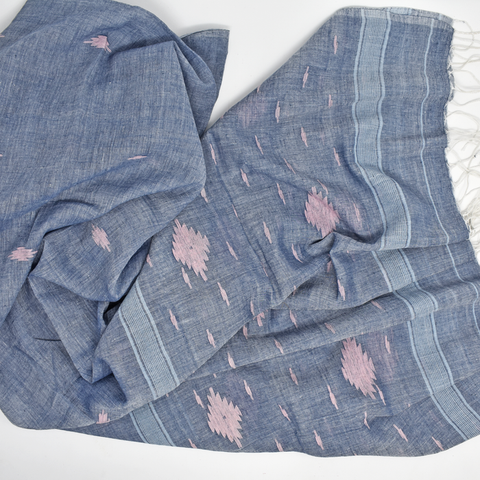 Blue-Grey and Pink Jamdani Cotton Stole
