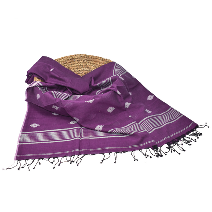 100% pure cotton hand woven dupatta in purple with jamdani motifs