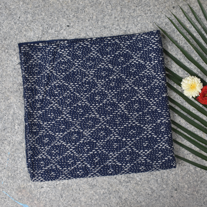 Navy Blue Cotton Blouse with White Kantha Embroidery Work