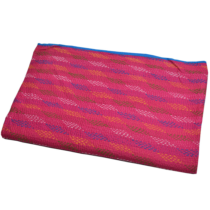 Fuchsia Pink Single Reversible Kantha Quilt with Geometric Motifs