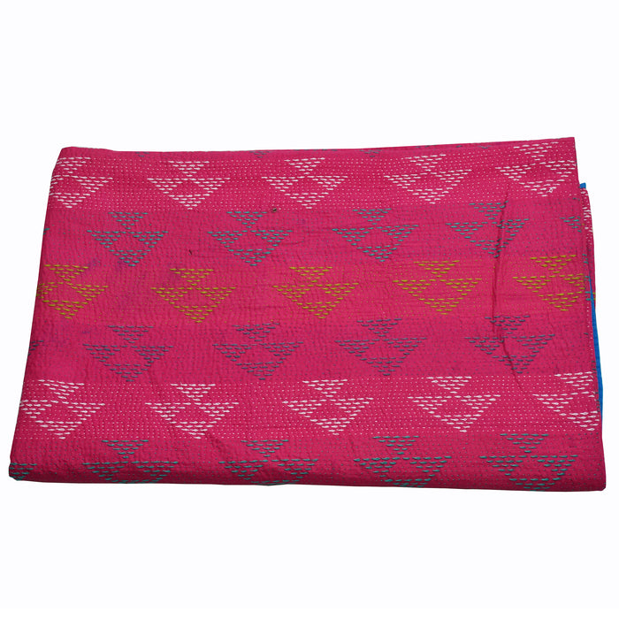 Fuchsia Pink Single Reversible Kantha Quilt with Fish Motifs