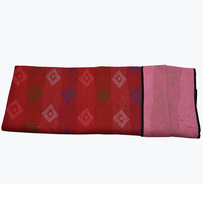 Red and Pink Single Reversible Kantha Quilt with Diamond Motifs