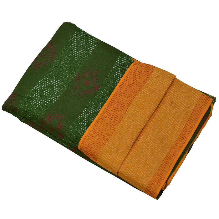 Double - Green and Yellow Sujani Kantha Reversible Quilt with Tulsi Udbidha Motif - TVAMI
