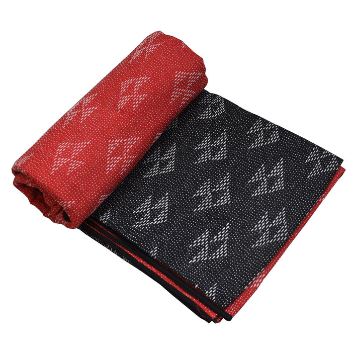 Double - Red and Black Sujani Kantha Reversible Quilt with Fish Motif - TVAMI