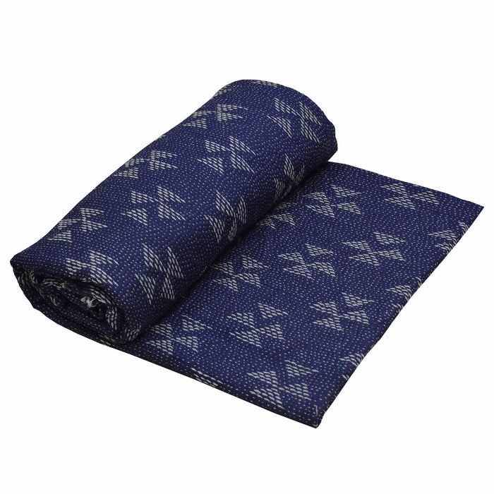 Double - Navy Blue and Grey Sujani Kantha Reversible Quilt with Butterfly Motif - TVAMI