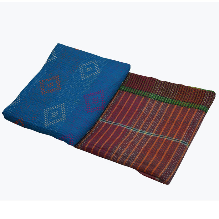 Blue Single Reversible Kantha Quilt with Diamond Motifs
