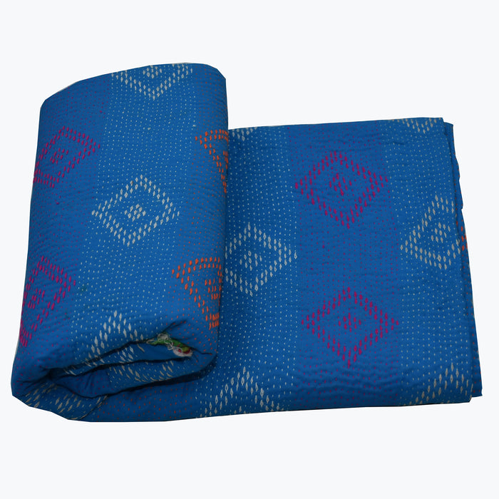 Blue Single Reversible Kantha Quilt with Diamond Motifs