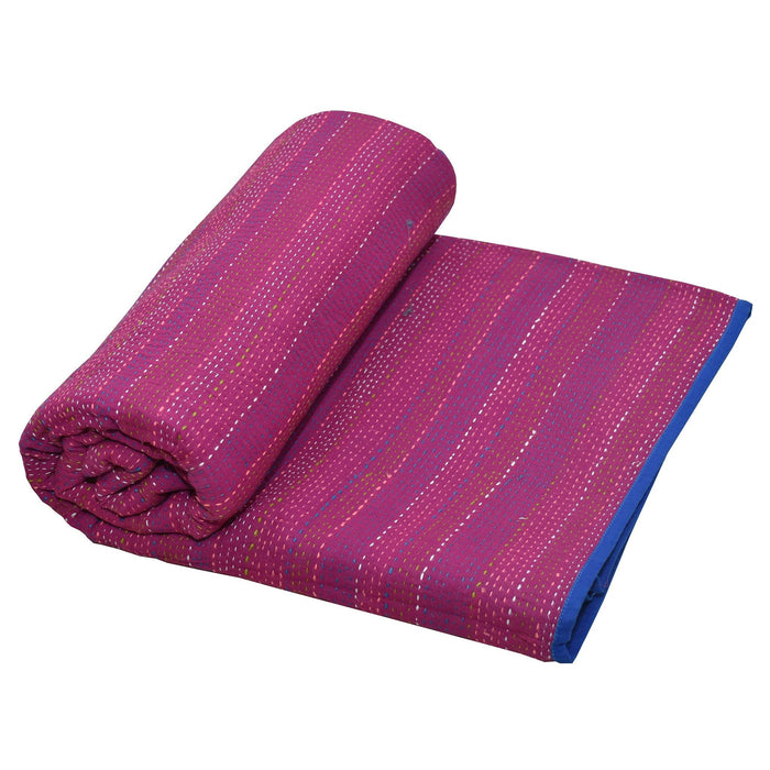 Double - Pink and Blue Sujani Kantha Reversible Quilt with Bindu Sapna Motif - TVAMI