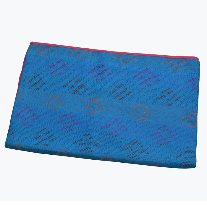 Double - Blue and Pink Kantha Reversible Quilt with Fish Motif - TVAMI