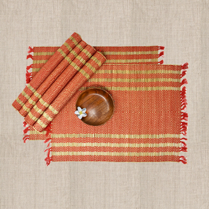 Red and Beige Handwoven Madurkathi Table Mats (set of 6)