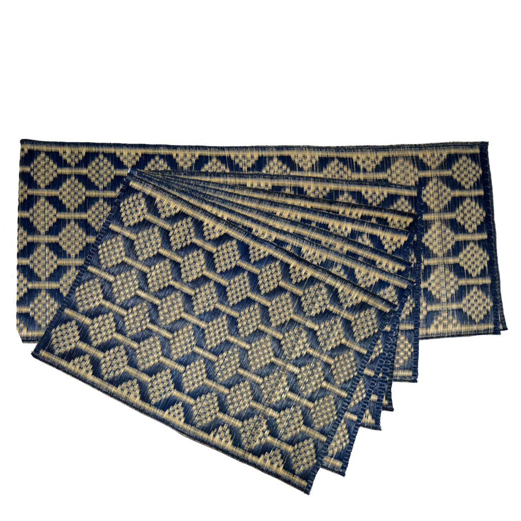 Orange and Blue Handwoven Madurkathi Table Mat and Runner Set — TVAMI