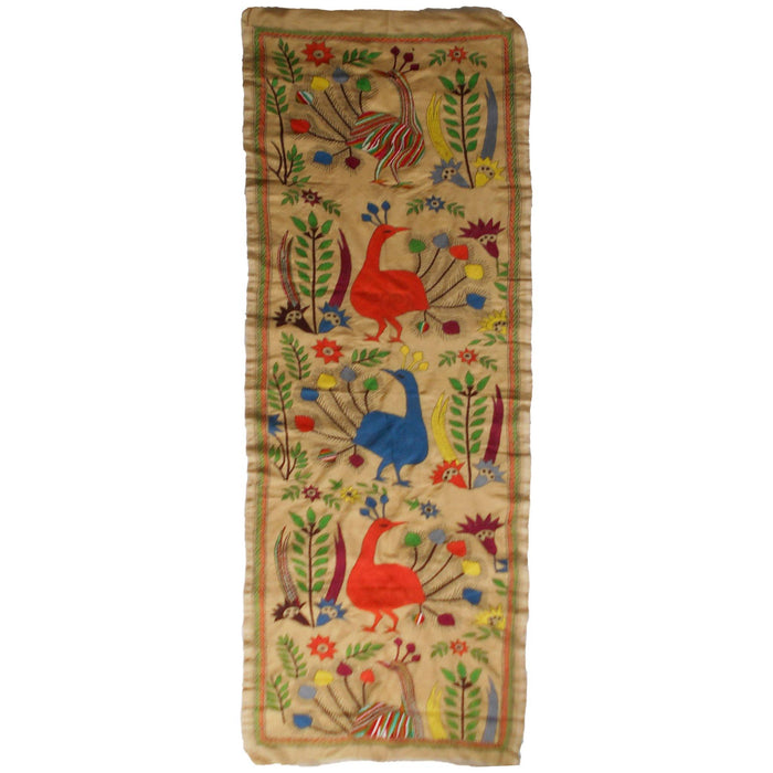 Beige Tussar Silk Kantha Stole with Colourful Mayura and Phula Motifs - TVAMI