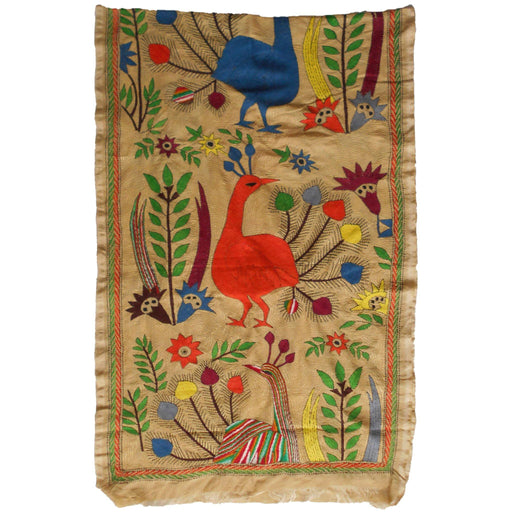 Beige Tussar Silk Kantha Stole with Colourful Mayura and Phula Motifs - TVAMI