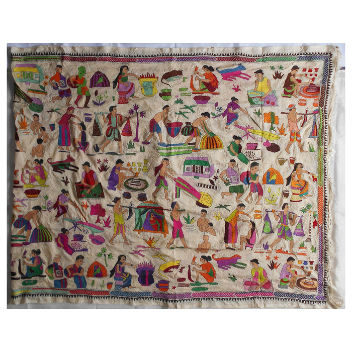 Tussar Silk Kantha Dupatta with Hand-embroidered Vibrant Rural Scenes