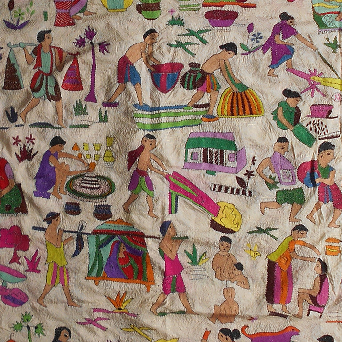 Tussar Silk Kantha Dupatta with Hand-embroidered Vibrant Rural Scenes
