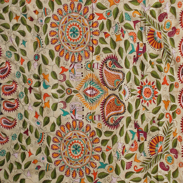Beige Tussar Silk Kantha Dupatta with Colourful Surya and Sakapada Work with Ama Border - TVAMI