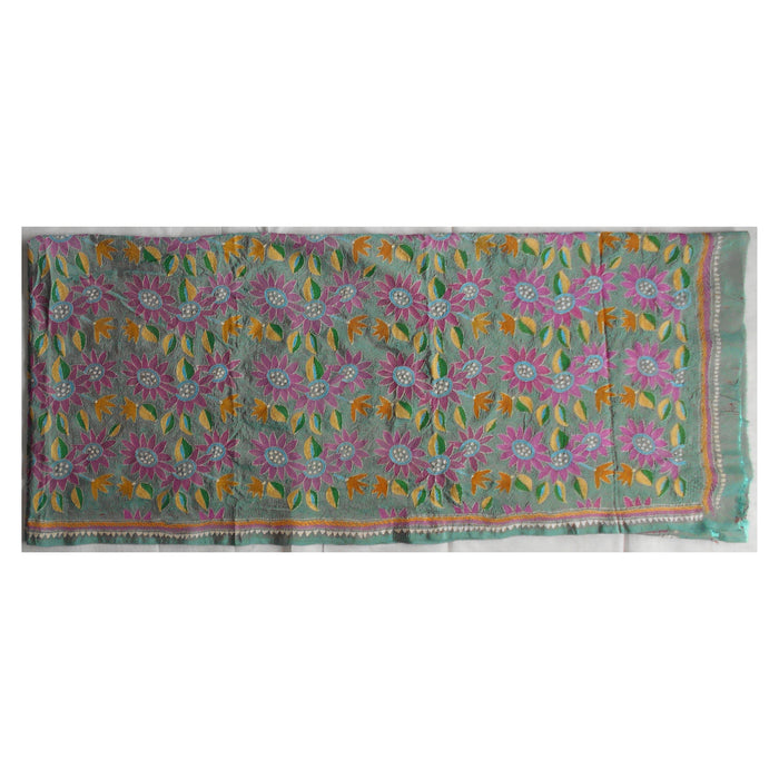 Tussar Silk Kantha Dupatta with Hand-embroidered Pink Floral Motifs