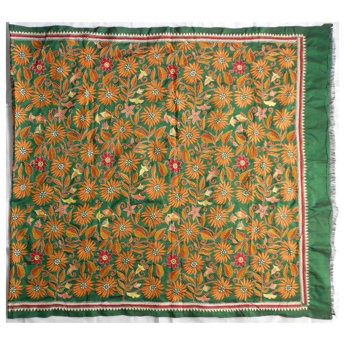 Tussar Silk Kantha Dupatta with Hand-embroidered Orange and Red Sunflowers