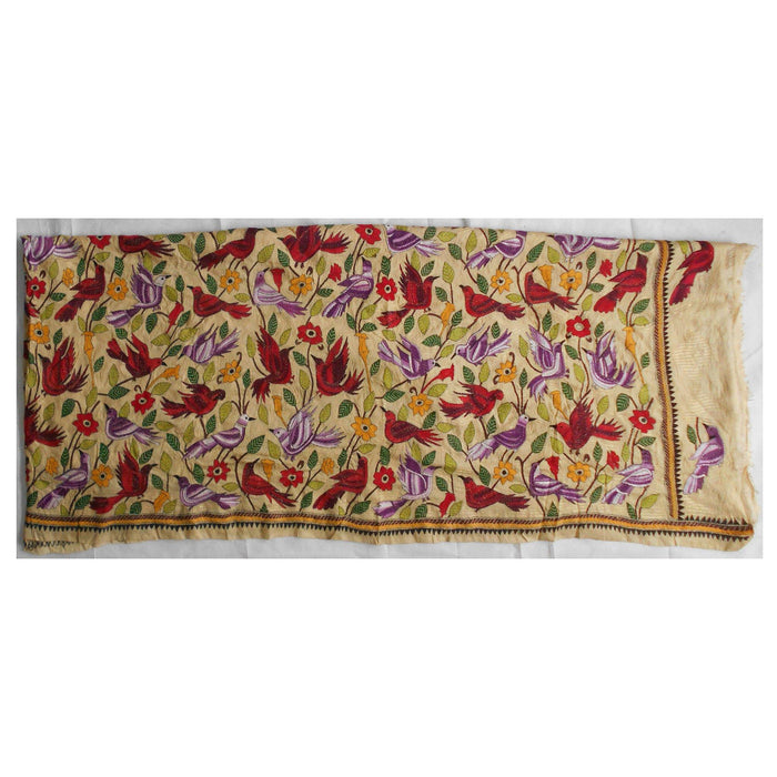 Beige Tussar Silk Kantha Sari with Red and Lilac Pakhi and Sakapada Work - TVAMI