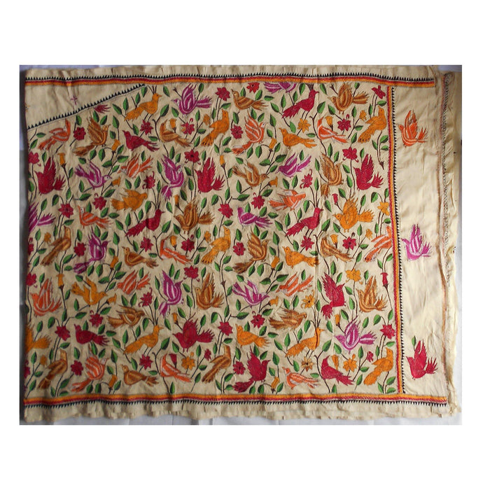 Beige Tussar Silk Kantha Sari with Red, Pink, Orange and Brown Pakhi in Sakapada Work - TVAMI