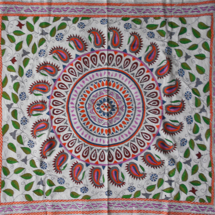 Kantha Wall Hanging with Hand-embroidered Mandala Pattern with Paisley and Floral Motifs