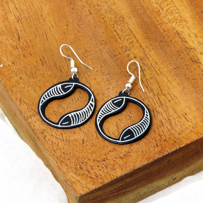 Bidriware Pure Silver Inlay Round shaped   Earrings with Fish Motif