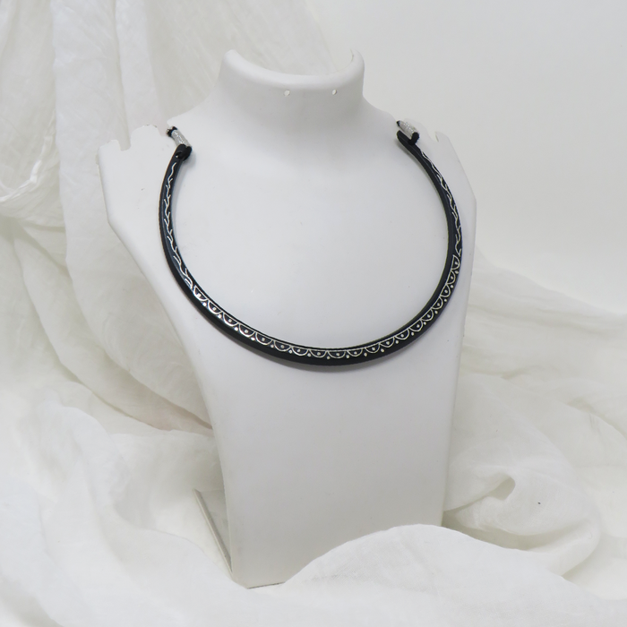 Bidriware Pure Silver Inlay Necklace with Inverted Arches and Dots Design